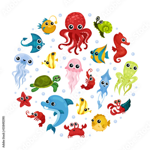 Cute marine animals in round shape. Funny bright sea creatures of underwater world banner, poster, card design template cartoon vector
