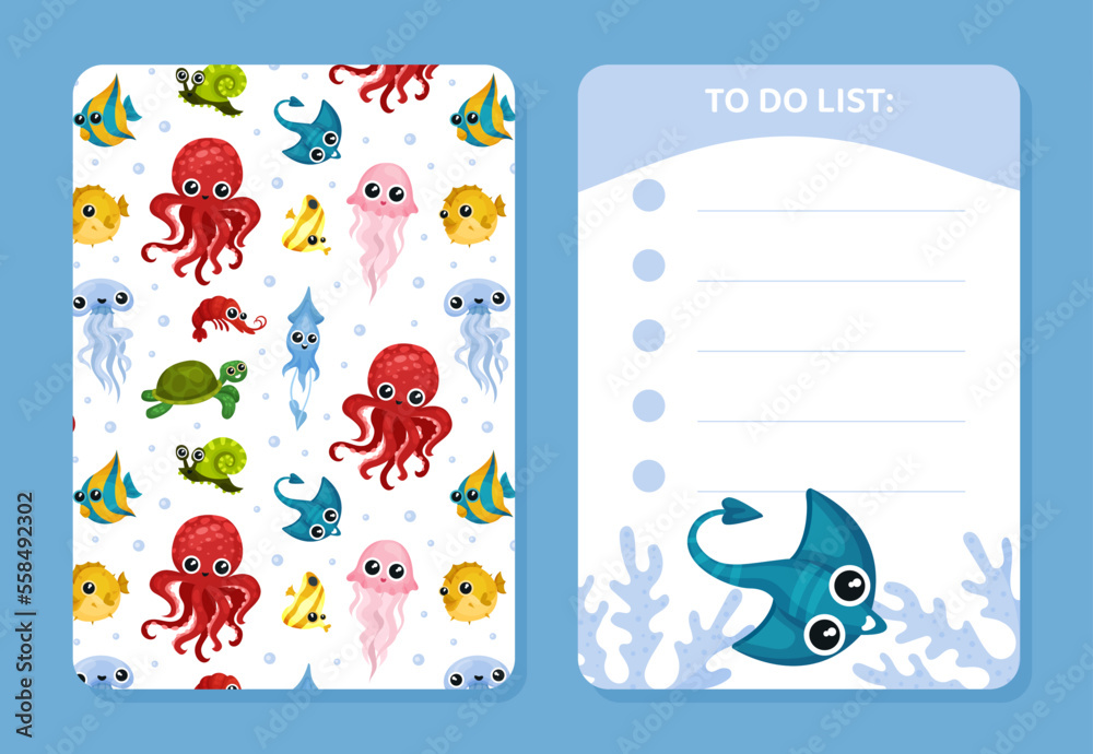 To do list with cute sea animals. Notebook, diary, stationery, organizer page, sticker with marine creatures seamless pattern cartoon vector