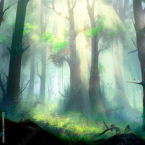 A fabulous mystical forest in the fog. High quality photo
