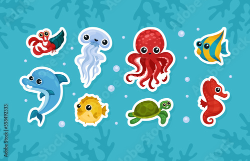 Set of sea and ocean underwater animals. Cute aquatic turtle  seahorse  jellyfish  turtle  crab  dolphin  octopus. Childish stickers cartoon vector