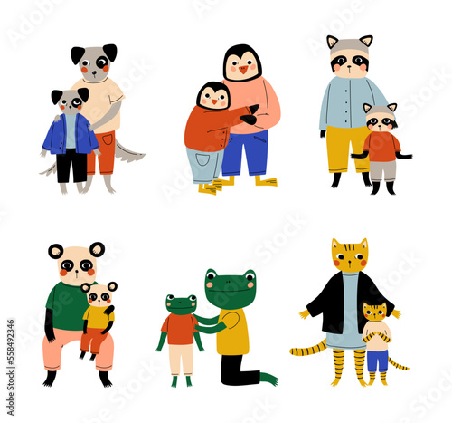 Animal parents and their kids set. Dog, penguin, raccoon, panda, frog, tiger families cartoon vector