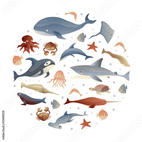 Sea Life and Creature Round Composition Design Vector Template