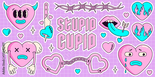 Y2K groovy anti valentines day conception. Sticker pack of funny cartoon hearts and elements. Set of comic elements in trendy psychedelic weird cartoon style. Trendy neon 2000s style.  Stupid cupid.