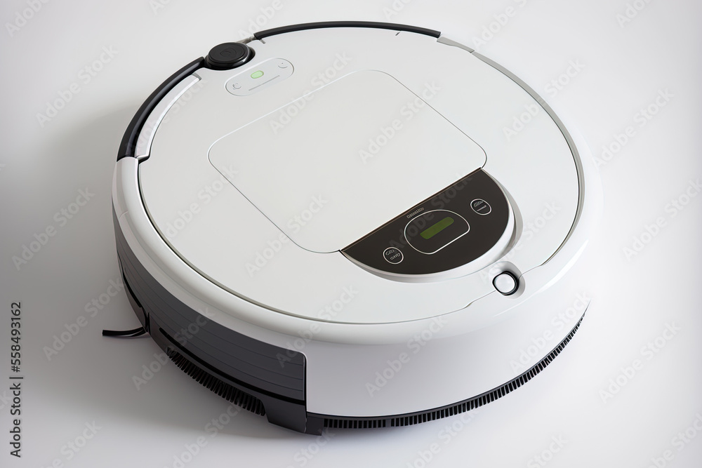 White Background with White Robot Vacuum. the front side Roomba, a  contemporary autonomous smart robotic vacuum cleaner. Autonomous Cleaning  Robot. System for cleaning floors. Small domestic and house ilustración de  Stock