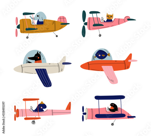 Cute animals pilots flying on airplanes set. Elephant, cat, dog, fish, octopus, bird, piloting retro plane cartoon vector illustration