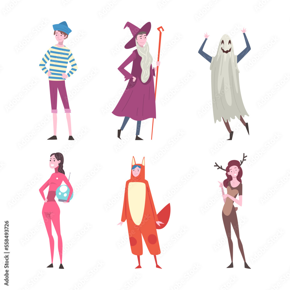 Set of men and women in funny costumes. Adult people dressed as wizard, ghost, deer animal, cat, sailor cartoon vector illustration
