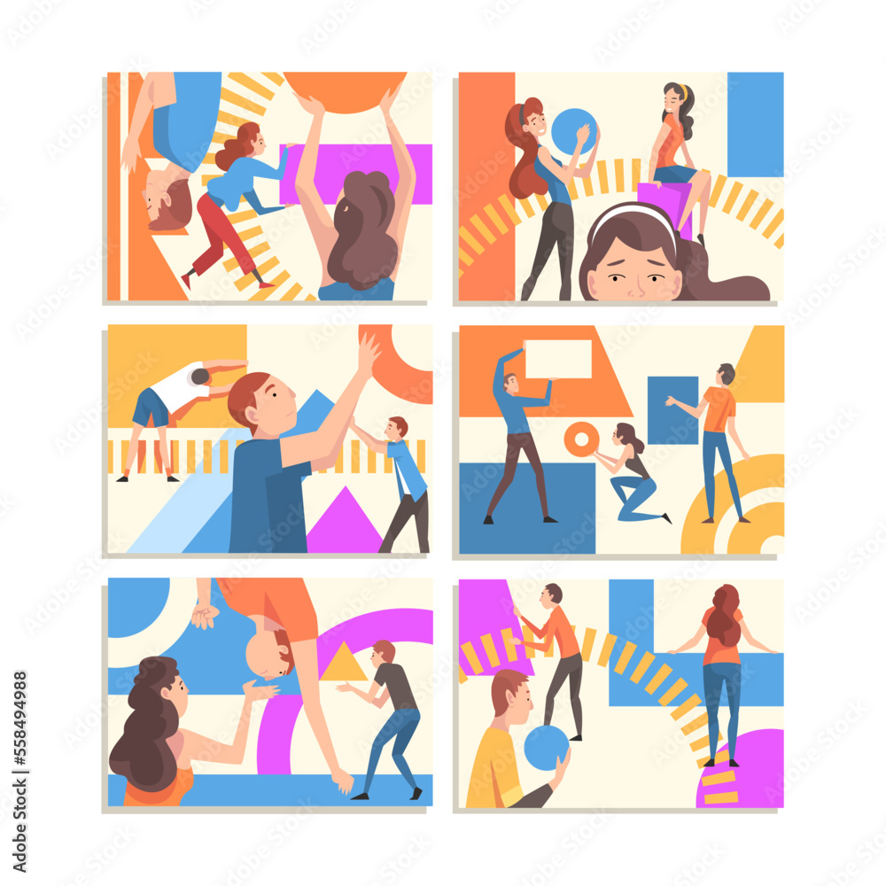 People arranging abstract geometric shapes set. Men and women holding circle, square, triangle figures cartoon vector illustration