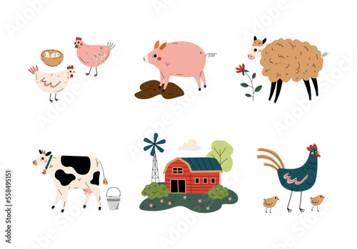 Fototapeta Naklejka Na Ścianę i Meble -  Set of farm animals and red barn. Agriculture, animal husbandry, poultry farming cartoon vector illustration