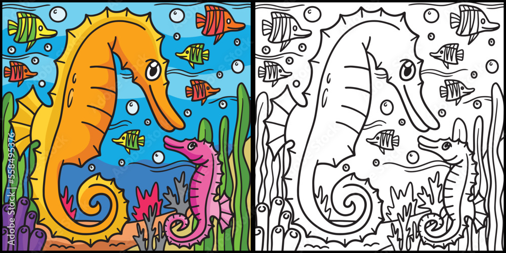  Sea Horse Coloring Page Colored Illustration