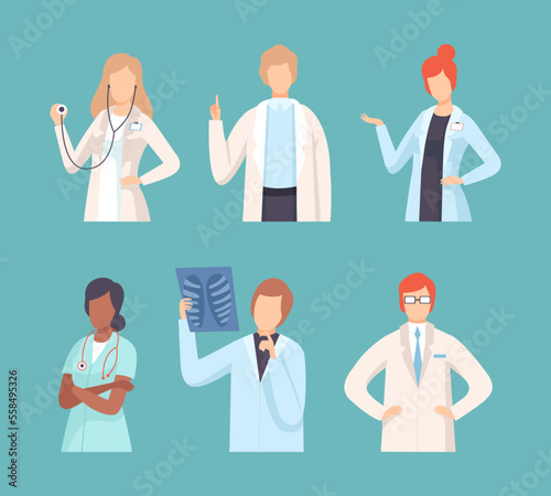 Medical staff set. Doctors and nurses in uniform gesturing and giving advice flat vector