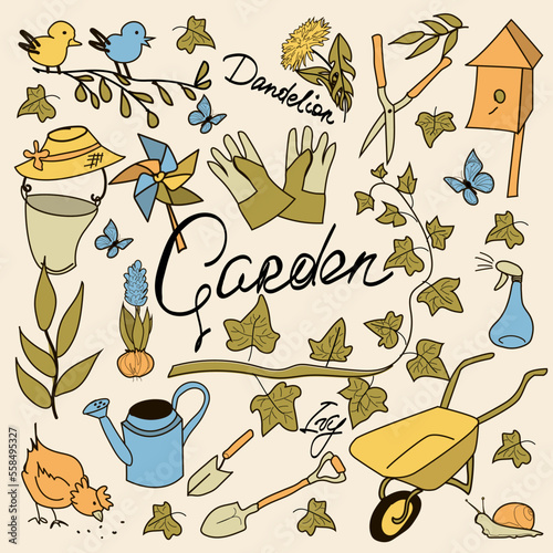 set of flat garden, garden tools, inventory, birds, flowers, ivy, spring, for postcards, stickers, textile