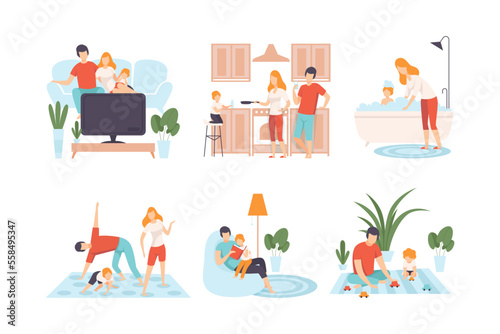 Happy family having good time at home set. Parents and kids cooking, watch tv, taking bath, doing sports, reading book cartoon vector illustration