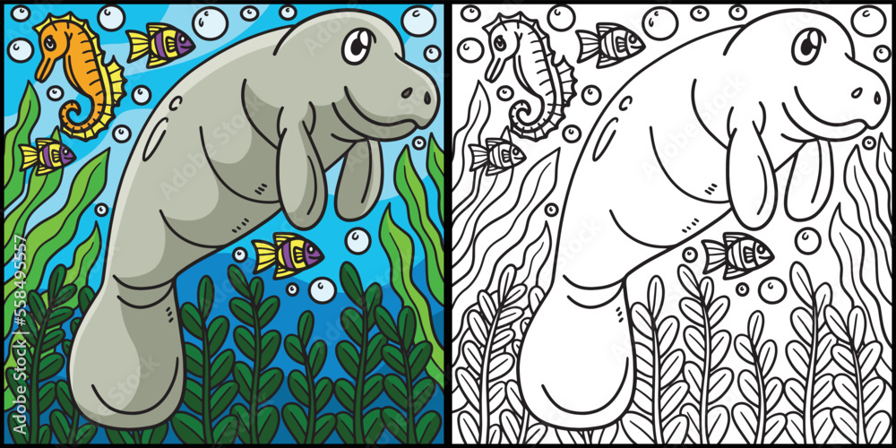 Manatee Coloring Page Colored Illustration Stock Vector | Adobe Stock