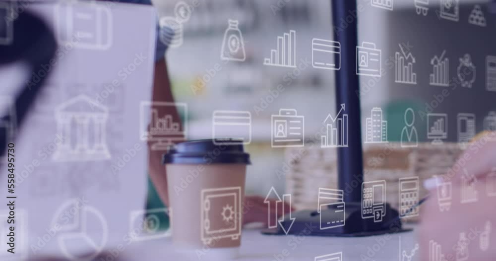 Animation of business icons over hands giving coffee Animation of business icons over hands giving coffee