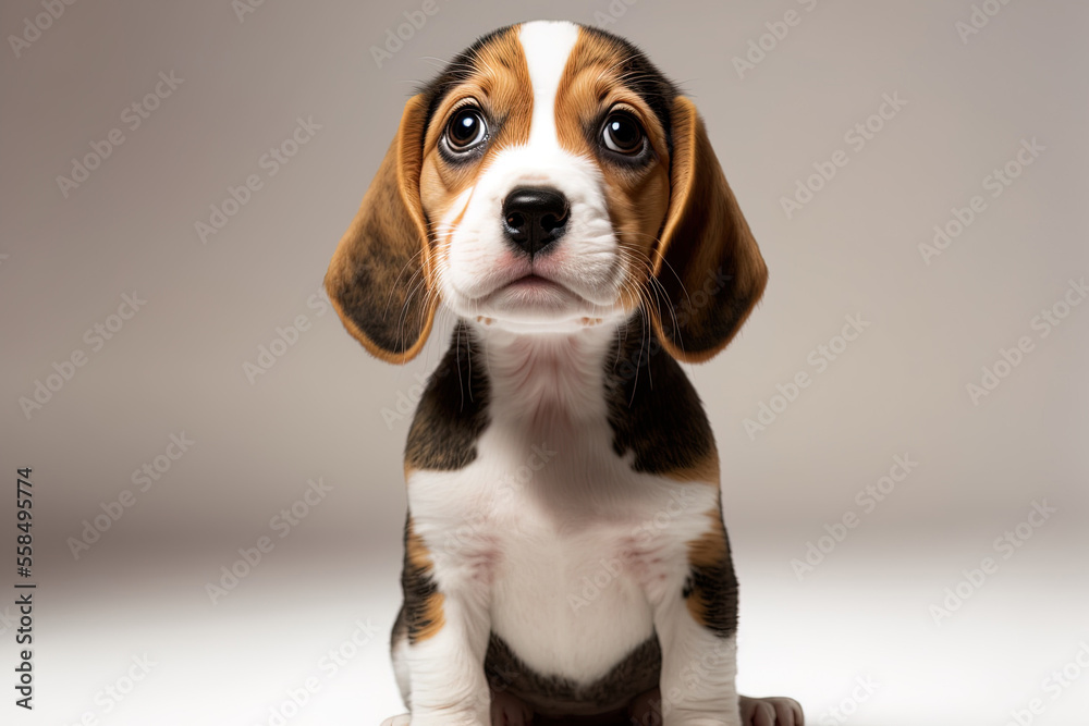 Friend. Beagle puppy sitting in a hilarious, playful portrait on a white studio backdrop. idea of mobility, activity, affection for pets, and animal existence. Looks content and cheerful. advertising