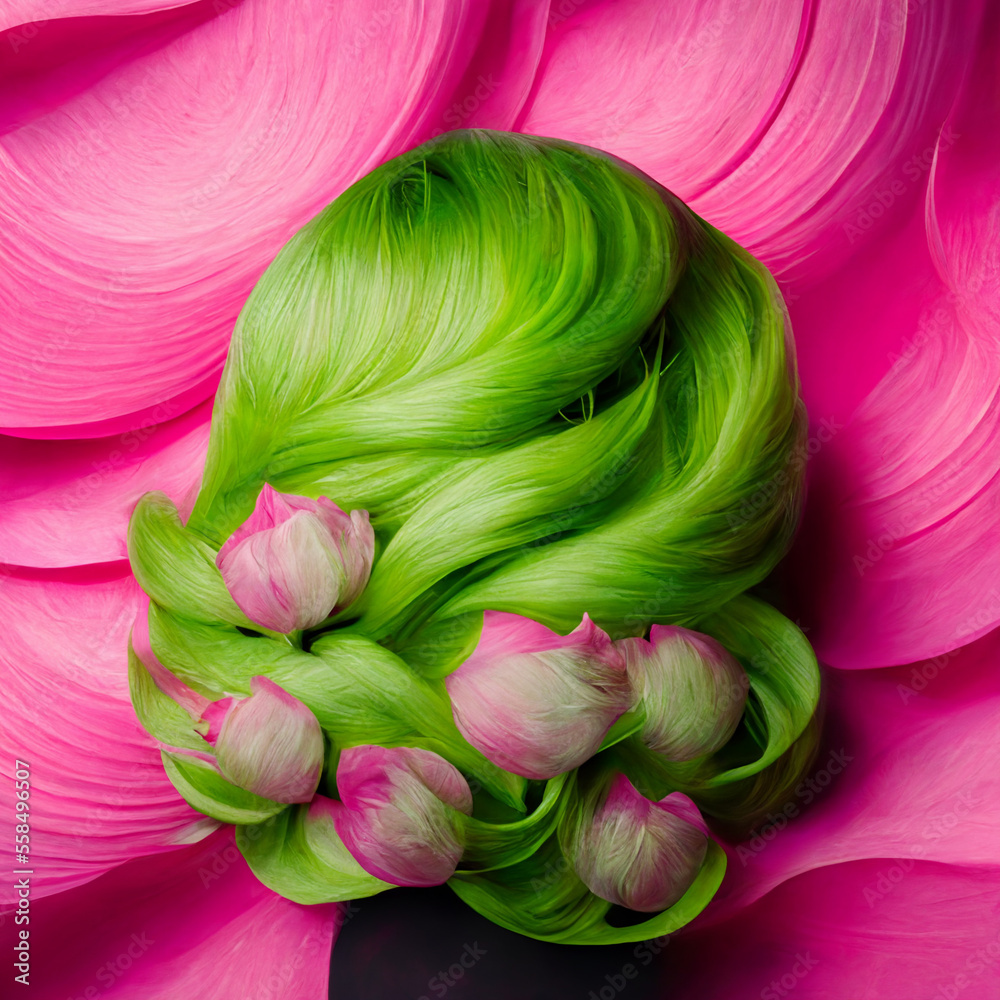 Pink flowers in green hair. Springtime concept Pink flowers in green hair. Springtime concept