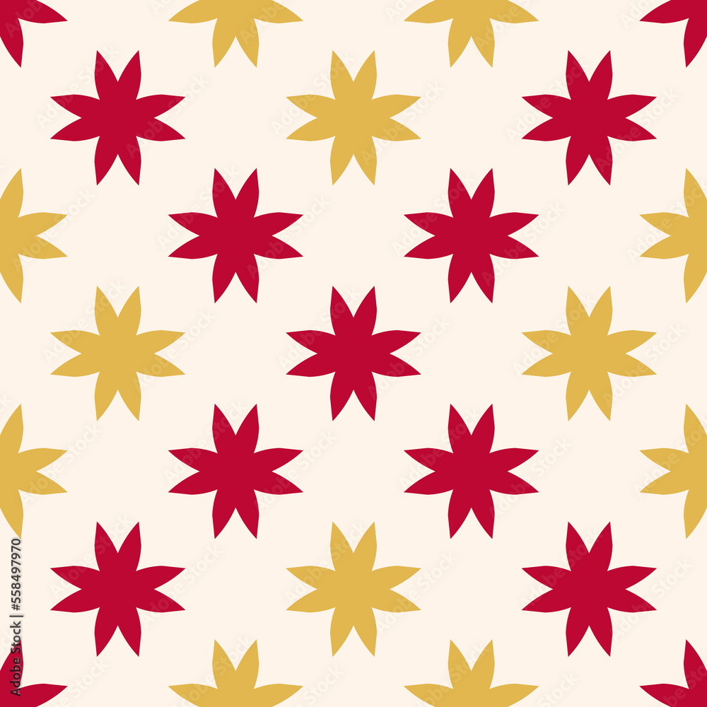 Abstract floral seamless pattern. Ornamental background with simple geometric flowers, red and yellow shapes on beige backdrop. Elegant minimal texture. Repeat design for textile, fabric, package Abstract floral seamless pattern. Ornamental background with simple geometric flowers, red and yellow shapes on beige backdrop. Elegant minimal texture. Repeat design for textile, fabric, package
