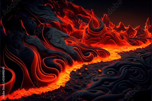 Cooling lava after a volcanic eruption in black. AI generated art illustration.  