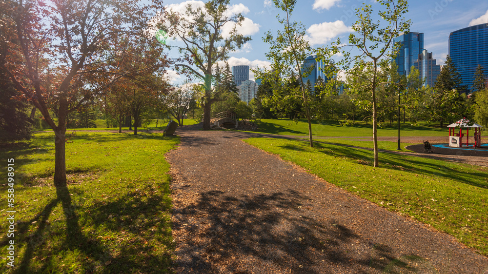 Obraz premium nature landscape along the Bow river in the Calgary neighborhood, Alberta, Canada 