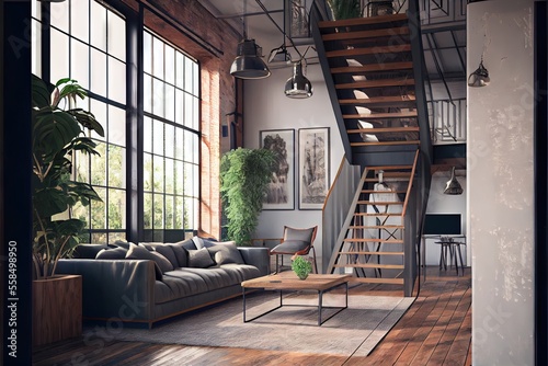 Living room interior in loft industrial style. AI generated art illustration.   © Дима Пучков