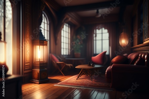 luxury hyper realistic living room vintage cozy interior lighting © peacefy