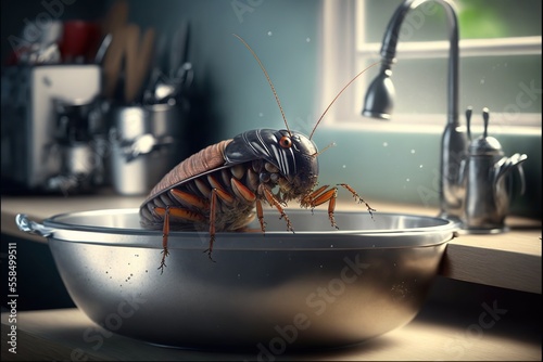 Cockroach washing dishes in the kitchen,  concept of housework, created with Generative AI technology