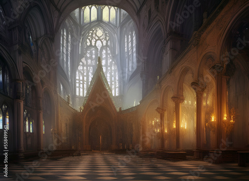 Atmospheric painting of the interior of a european medieval cathedral with large windows. generative ai illustration