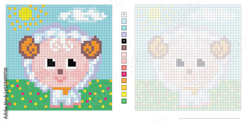 vector pixel illustration, lamb in the summer meadow, coloring book, embroidery design, mosaic, creative development of motor skills and imagination