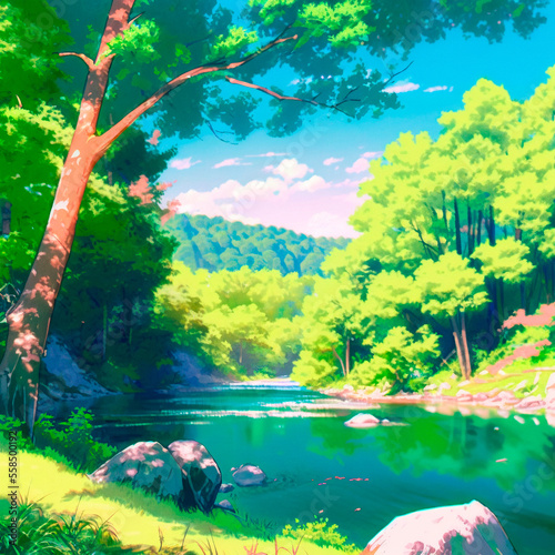 Sunny day on the river in Anime style. High quality illustration