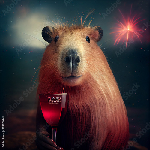 Portrait of capybara holding a glass of vine, generative ai