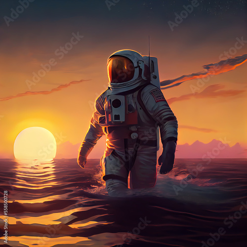 astronaut comin out of the sea with sunset in background photo