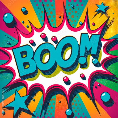 Cartoon sign of burst clouds with the word Boom. High quality photo