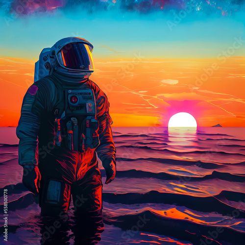 astronaut comin out of the sea with sunset in background photo