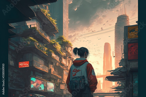 a woman standing in the middle of a city, cyberpunk