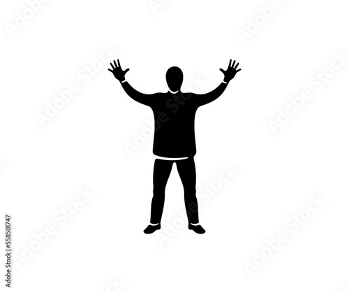 Man with two hands raised, joy, silhouette and graphic design. People, men, male, human and person, vector design and illustration