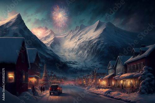 cozy winter town thats celebrating the new year with fireworks