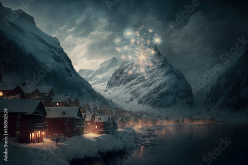illustration of winter landscape with houses and fireworks in the sky celebrating new year's eve