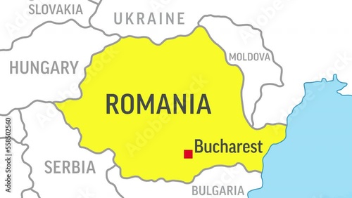 Romania Map. Zoom on World Map. 4k Video Footage. Motion Graphics