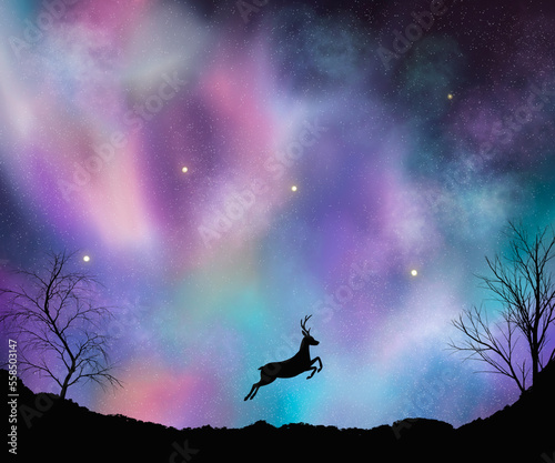 Bautiful galaxy sky with siluet jump deer