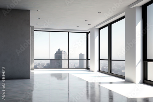With a view of the entire city, ample room, cleanness, and natural light on the concrete floor. Generative AI © 2rogan