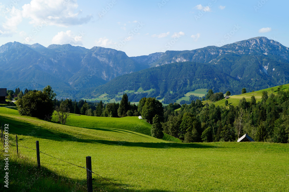 a beautiful alpine village in the lush green alpine valley in the Austrian Alps of the Schladming-Dachstein region (Steiermark or Styria, Austria)	