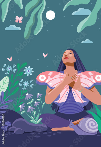 Night time meditation in butterfly garden. Peaceful scene. Open hearted. Looking up at the moon Serene. Surrounded by nature.
