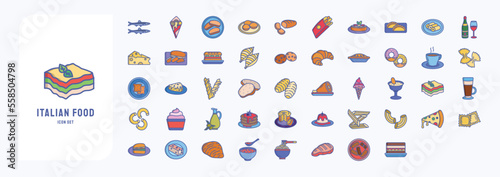 Italian Food vector icon set, fast food and Pastry, desserts, breakfast and lunch snacks vector