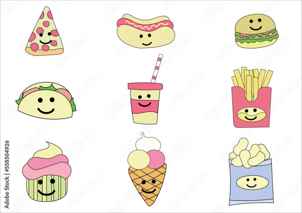 Different kind of sweet and bakery icons.such as ice cream,cake,smoothies,bread,Pizza.Set of desserts and bakery on white background. Different kind of sweet and bakery icons.such as ice cream,cake,smoothies,bread,Pizza.Set of desserts and bakery on white background.
