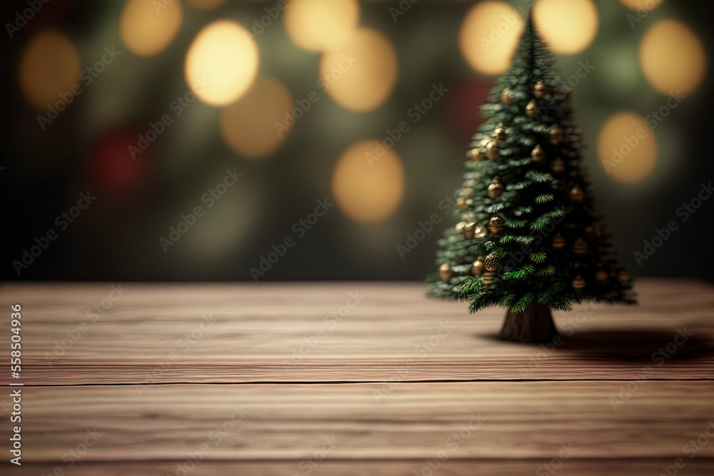 Background of a barren Christmas table with an out of focus Christmas tree for a montage of products. Generative AI