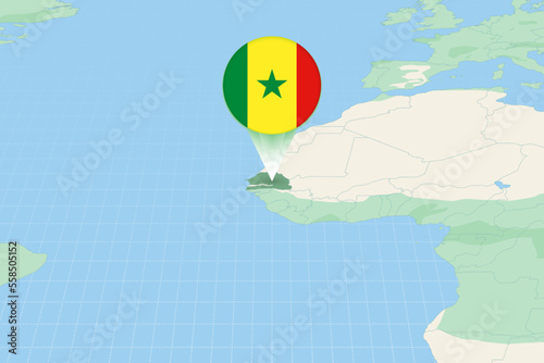 Map illustration of Senegal with the flag. Cartographic illustration of Senegal and neighboring countries.