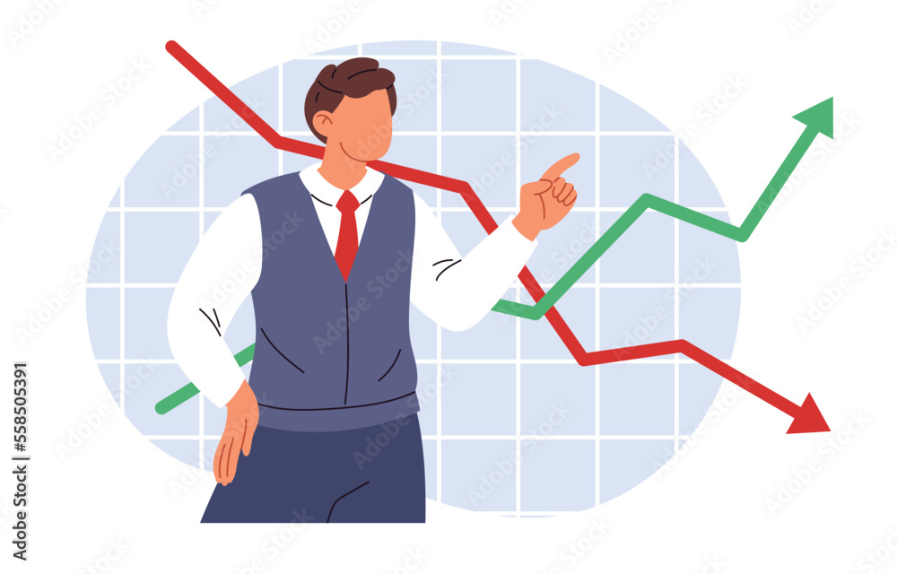 Man showing to finance graph. Economic downturn trouble, rise inflation, decline company money. Flat vector illustration Man showing to finance graph. Economic downturn trouble, rise inflation, decline company money. Flat vector illustration