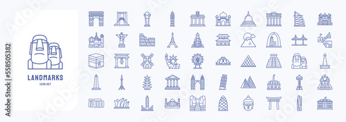 World Landmarks, top tourist attractions icons set
