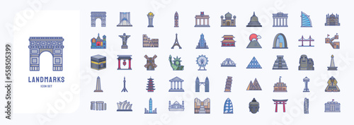 World Landmarks, top tourist attractions icons set
