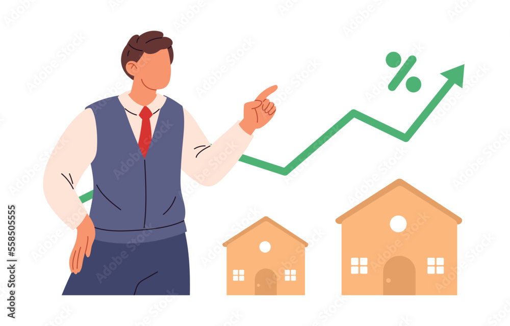 Property search concept. People find rent house or building for dwelling. Choose between building for living. Flat vector illustration Property search concept. People find rent house or building for dwelling. Choose between building for living. Flat vector illustration